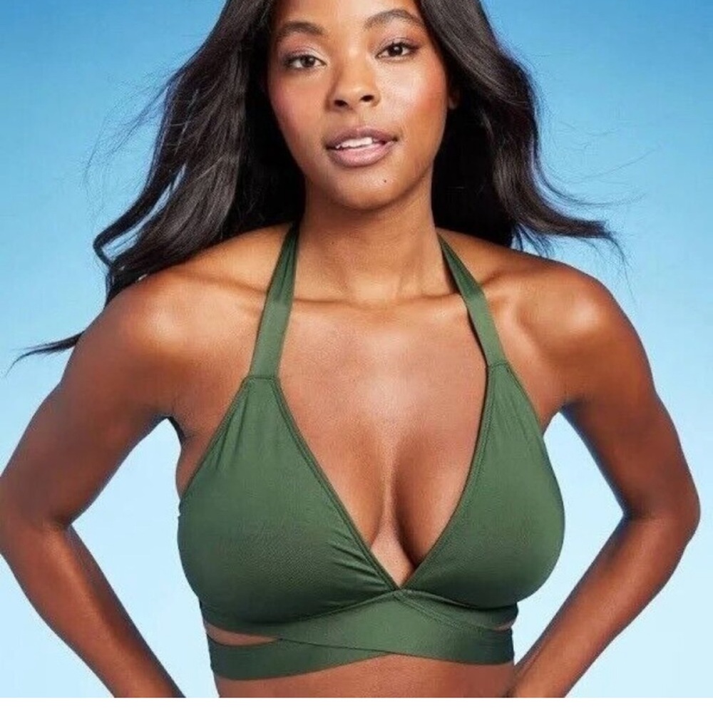 Kona Sol Triangle Dark Green Beachy Coastal Bralette Faux Wrap Halter Bikini Top